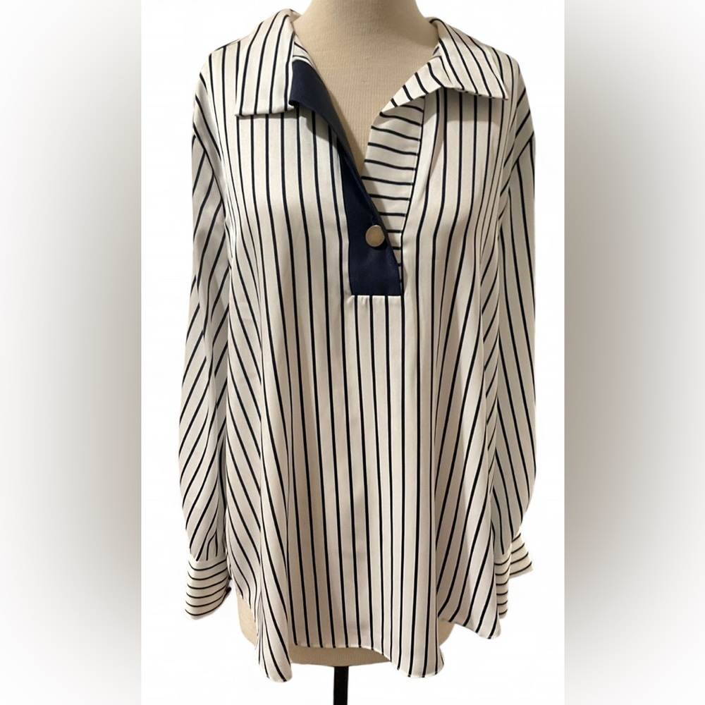 Ryegrass White and Blue Striped Collared V-Neck Long Sleeve Blouse Size Large